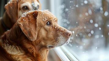 ai genererad hund observera snöfall genom fönster foto