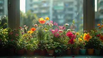 ai genererad färgrik blommor smyckande fönster tröskel foto