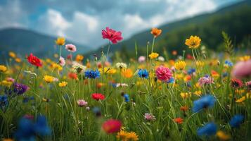 ai genererad vild blomma fält med berg bakgrund foto