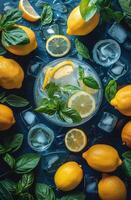 ai genererad glas av citronsaft med citroner och basilika foto