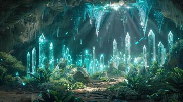 ai genererad ett underjordisk stad med bioluminescerande växter och kristaller, foto
