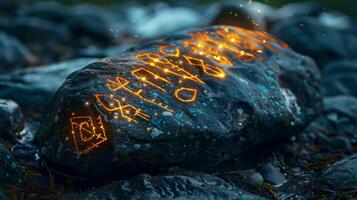 ai genererad runor inskriven på en mystiker sten emitterande ljus foto