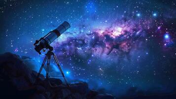 ai genererad nattetid observatorium scen med teleskop och en ledtråd av galax foto