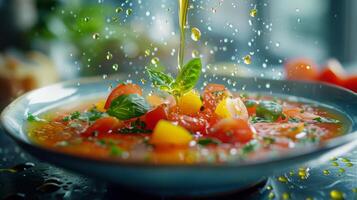 ai genererad en vibrerande skål av gazpacho soppa med en stänk av oliv olja foto