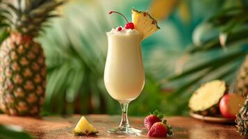 ai genererad en glas av skummande pina colada med ananas och foto