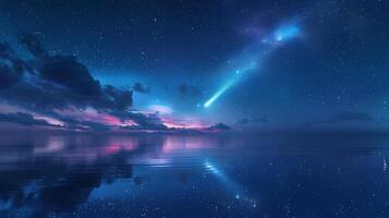 ai genererad en hisnande komet belysande de himmel ovan en lugna hav, dess reflexion skimrande i de vatten foto