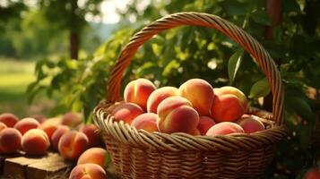 ai genererad charmig visa av färsk persikor i en rustik korg foto