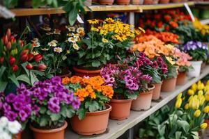 ai genererad många färgrik blomning blommor i kastruller är visas på hylla i floristisk Lagra eller på gata marknadsföra. vår plantering. foto