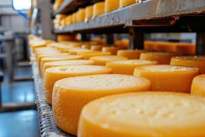 ai genererad stor ost hjul på tillverkning närbild. en ost mejeri i en lager med ost. foto
