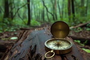 ai genererad årgång kompass på de logga i skog, värma Sol ljus foto