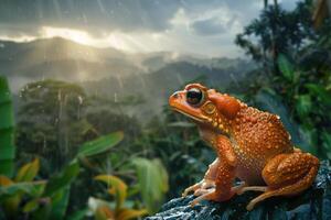 ai genererad groda på de natur slå samman i grön tropisk skog som visar riklig natur foto