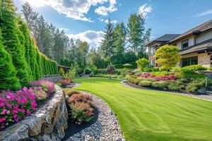 ai genererad främre gård, landskap design med flerfärgad buskar korsande med ljus grön gräsmattor Bakom de hus är en modern foto