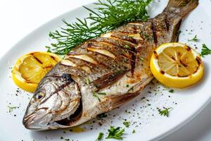 ai genererad grillad dorado fisk med citron- på vit bakgrund foto