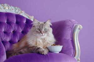 ai genererad skön katt Sammanträde i en victorian stil stol. har en skål av sällskapsdjur mat. foto