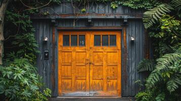 ai genererad trä- garage dörr i främre av hus foto