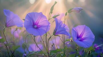 ai genererad närbild av blå och lila morgon- ära blommor och lövverk. selektiv fokus. foto