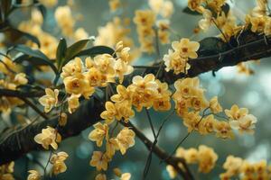 ai genererad många gul orkide blommor i botanisk trädgård foto