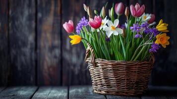 ai genererad vår blommor i korg på mörk trä- bakgrund. foto