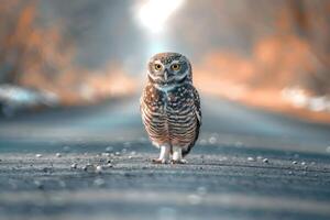 ai genererad Uggla stående på de väg nära skog på tidigt morgon- eller kväll tid. väg faror, vilda djur och växter och transport. foto