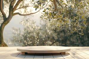 ai genererad produkt visa podium för naturlig produkt. tömma scen med oliv träd gren kosmetisk attrapp rena foto