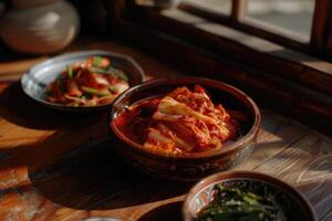 ai genererad kryddad koreanska jäst mat kimchi. koreanska traditionell mat foto