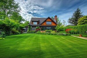 ai genererad hus med gräsmatta och trädgård foto