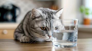 ai genererad porträtt av en katt ser på en glas av vatten. foto