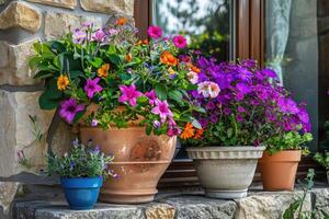 ai genererad skön färgrik inlagd växter och blommor i en stor stengods blomma pott för balkong, uteplats eller terrass. foto