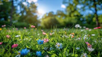 ai genererad fält av gräs med daisy foto