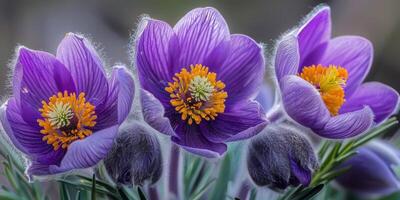 ai genererad blommor av de windflower eller pulsatilla patens. först vår blomning blomma foto