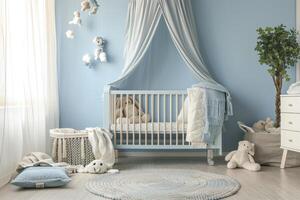 ai genererad enkel, blå bebis sovrum med spjälsäng och matta. foto