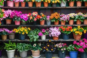 ai genererad många färgrik blomning blommor i kastruller är visas på hylla i floristisk Lagra eller på gata marknadsföra. vår plantering. foto