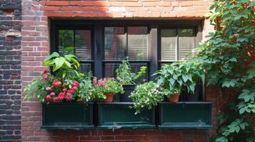 ai genererad fönster lådor med växter på de sida av en tegel byggnad foto