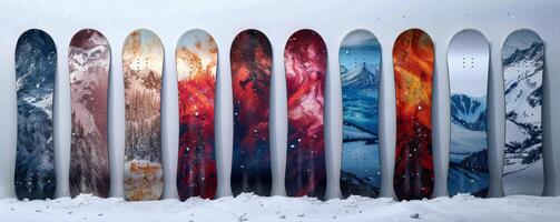 ai genererad rad av snowboards foto