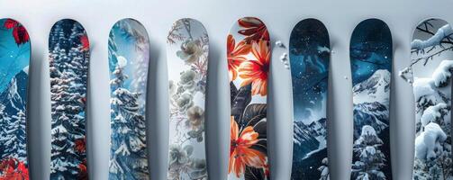 ai genererad rad av snowboards foto