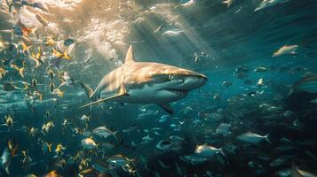 ai genererad bra vit haj simning genom skola av fisk foto