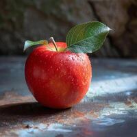ai genererad röd äpple med grön blad foto