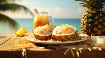 ai genererad utsökt tropisk frukost terar kokos och ananas foto
