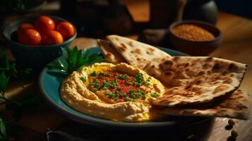 ai genererad frukost terar hummus och tunnbröd, mitten östra stil foto