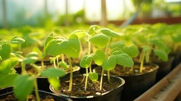 ai genererad stänga upp av blomstrande gurka plantor i en växthus foto