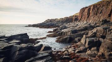 ai genererad skön landskap av en klippig strand och klar vatten foto