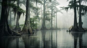 ai genererad en dimmig träsk med cypress träd och vatten i de bakgrund foto