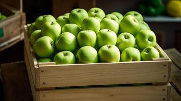 ai genererad charmig visa av färsk grön äpplen i en rustik spjällåda foto