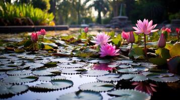 ai genererad en lugn scen av en damm med lotus blommor och löv och deras reflektioner på de vatten yta foto