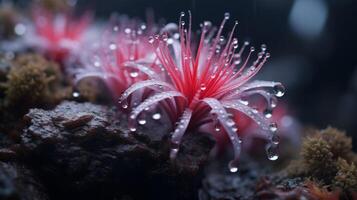 ai genererad korall rev med röd blommor och vatten droppar under vattnet värld foto