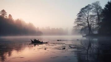 ai genererad de dimmig morgon- och de lugn sjö på vilket sätt de skapa en magisk atmosfär foto