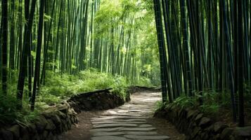 ai genererad en lugn och fredlig landskap av en lugn bambu skog med grön löv och lång stjälkar foto