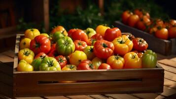 ai genererad heirloom tomater i en charmig trä- spjällåda foto