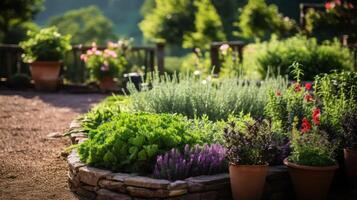 ai genererad ordentligt anordnad ört trädgård med blomstrande växter foto