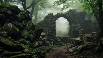 ai genererad en lugn skog landskap med ett gammal båge och dimmig grönska foto